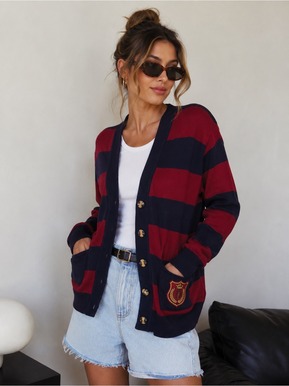 The Upside Roosevelt Piper Crest Red Blue Striped Button Front Preppy Cardigan